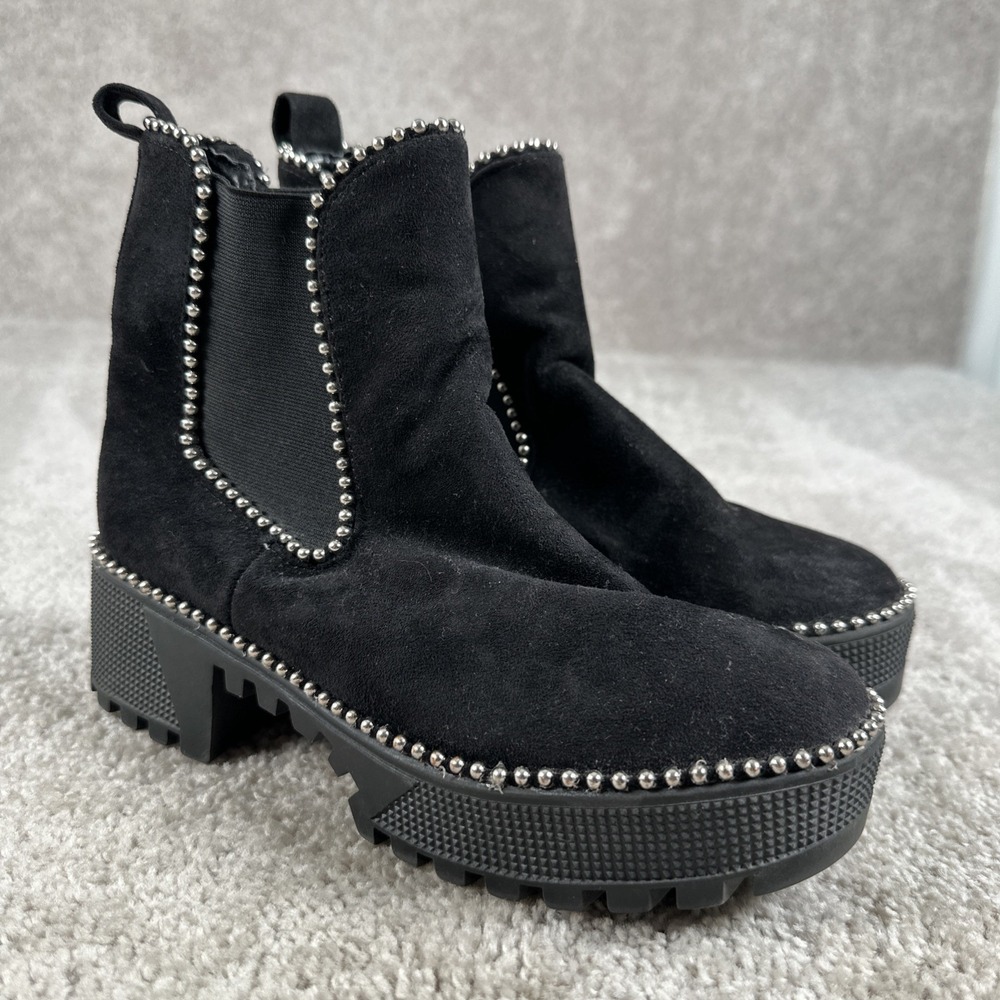 Cape Robbin Tilda Combat Pearl trim Black Suede  Ankle Boots Women's Size 6M